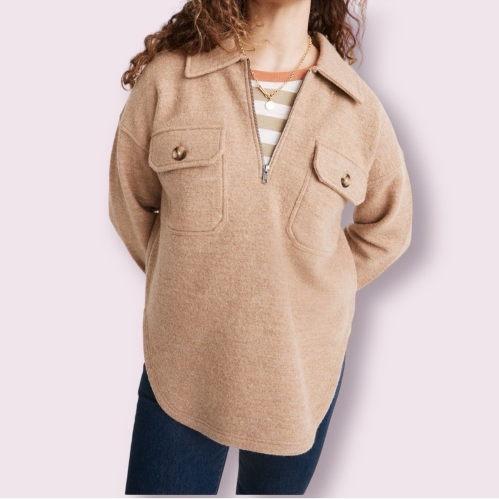 Madewell Heather Toffee Boiled Wool Half Zip Pullover Sweater.